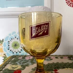 Vintage Schlitz Goblet Glass, 1970s Amber Thumbprint Barware w Red Logo